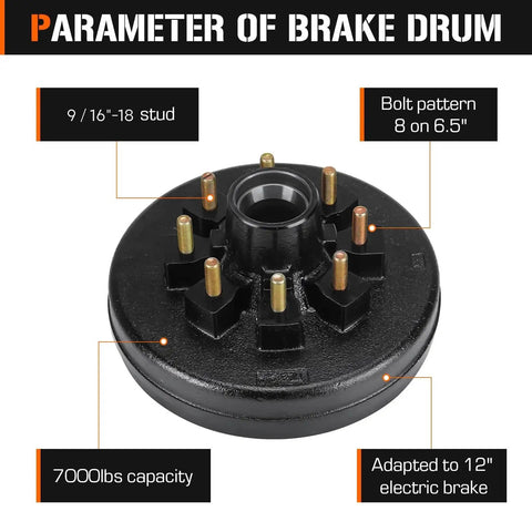 Close-up of 8 On 6.5 Inch Bolt Circle Drum Brake Kit With 12 By 2 Inch Left And Right Electric Brakes For 7000 Lb Trailer Axle Cone Bearing Compatible With Dexter Al Ko Lippert Quality And Other Major Brands parameters.