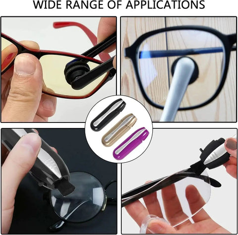 Various uses of the Portable Eyeglasses Cleaner Kit With Microfiber Cloths for travel and daily use shown in multiple scenarios.