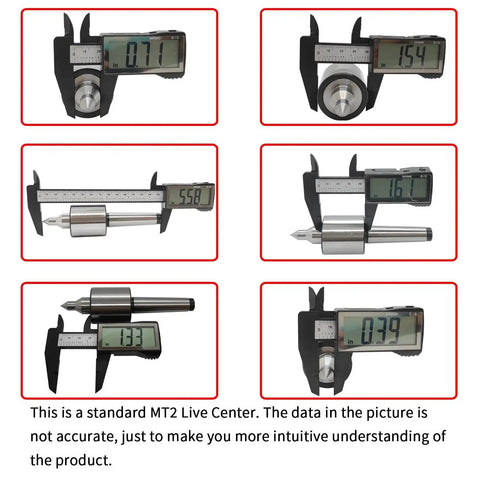 Digital calipers measuring MT2 Live Center Long Nose 60 Degree With Triple Bearing dimensions for precision turning on lathes.