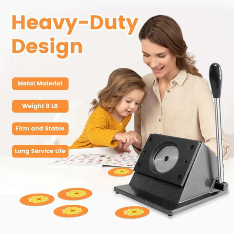 Heavy-duty design of All In One Circle Cutter And Button Paper Cutter for DIY badges, shown with child and mother creating badges.