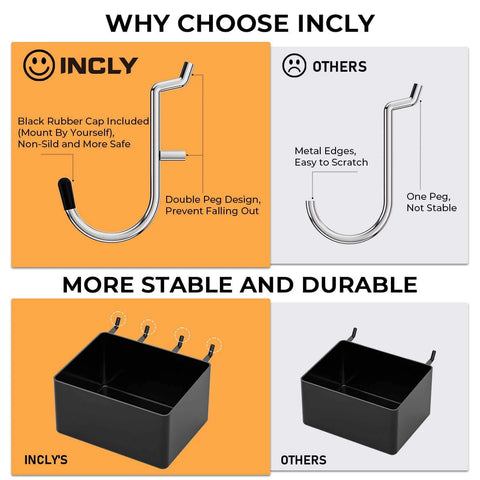 Comparison of INCLY double peg hook with others highlighting stability and durability features