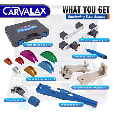 Ratcheting Tube Bender Kit With 7 Color Coded Aluminum Heads For One Quarter To Seven Eighths Inch Pipes, 90 Degree Bends, Reverse Bend Adapters, Portable Toolbox, Tube Cutter And Deburring Tool For HVAC Repair And Plumbing Pros components displayed with toolbox and accessories.