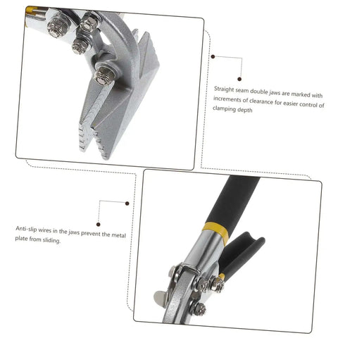 Close-up of 2 Piece Manual Sheet Metal Seamer Set with duckbill pliers showing jaws and slip-resistant handles, ideal for DIY metalwork.