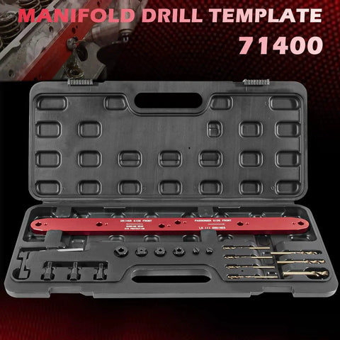 Manifold Drill Template for GM LS Engines 1999-2007 Removes Broken Exhaust Bolts in black case with components