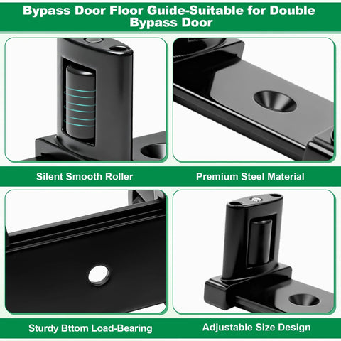 Three Roller Adjustable Sliding Closet Door Floor Guide Kit Black No-Squeak Glide for Bypass Doors