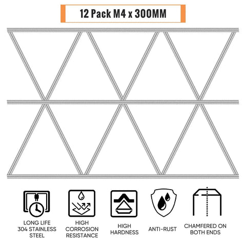 Illustration of 12-pack M4 x 300mm stainless steel rods showing features like corrosion resistance and high hardness