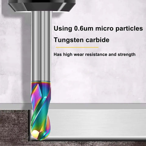 Close-up of DLC Coated One Eighth Inch Two Flute Carbide Ball Nose End Mill Set for aluminum machining, showing tungsten carbide composition.