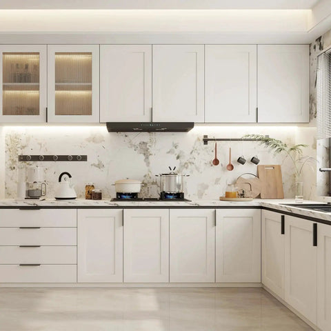 Modern kitchen with 10 Pack Black Cabinet Pulls 3 Inch Aluminum Alloy Edge Finger Pull Dresser Drawer Handles installed on white cabinets.