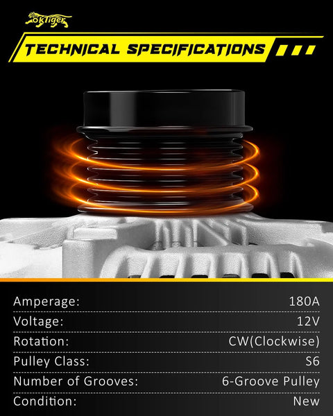 180 Amp Upgraded Alternator For Dodge Durango Charger Challenger And Jeep Grand Cherokee 3.6L V6 12V With Clockwise 6 Groove Pulley OE 4801778AF Compatible close-up of pulley.