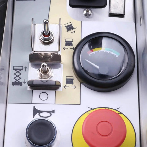 Front view of replacement control box panel with round gauge, red emergency stop button, and toggle switches.