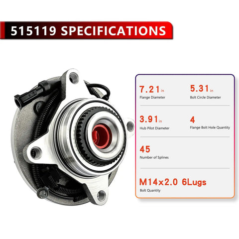 Close-up of 4WD Front Left Or Right Wheel Bearing And Hub Assembly Replacement Suspension Kit For Ford F150 2009 2010 Fits Front Wheel Hub Bearing 4x4 Models Premium Direct Fit With Easy Install, showing specifications and design features.