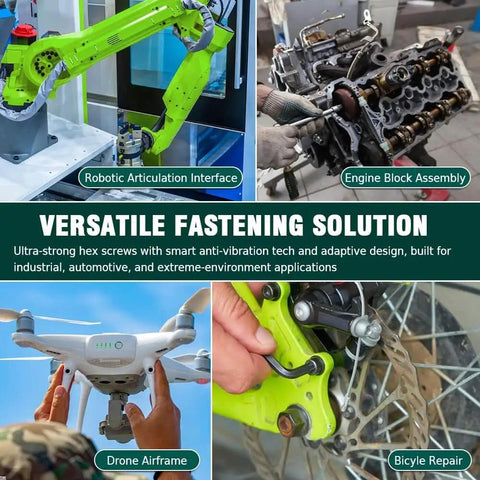4-panel image showing robotic articulation, engine block assembly, drone airframe, and bicycle repair as versatile fastening solutions.