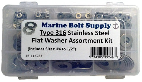 316 Stainless Steel Flat Washer Set With Ten Size Assortment Including Four, Six, Eight, Ten, Twelve And One Quarter Inch
