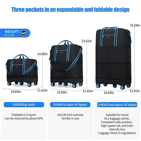 Detachable Wheel Rolling Duffle Bag With Expandable Capacity for Travel, shown folded and expanded with dimensions and features listed.