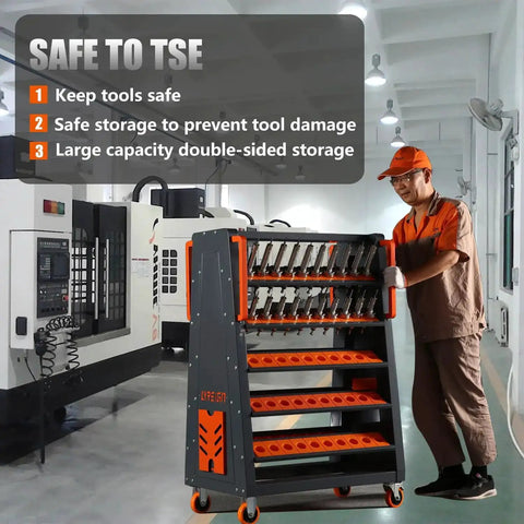 40 Taper CNC Tool Cart With Five Tier Rolling Stand And Wheels Mobile Tool Holder in industrial setting with CNC machines.