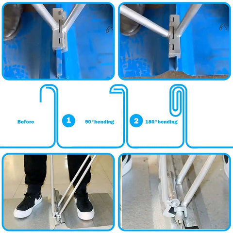 Two Step 90 Degree To 180 Degree Metal Roof Standing Seam Bending Tool With 24 Inch Extended Ergonomic Grip in use on metal panels