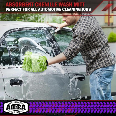 Man using Scratch Free Microfiber Car Wash Mitt 2 Pack For Lint Free Shine And Scratch Resistant Cleaning on a car.