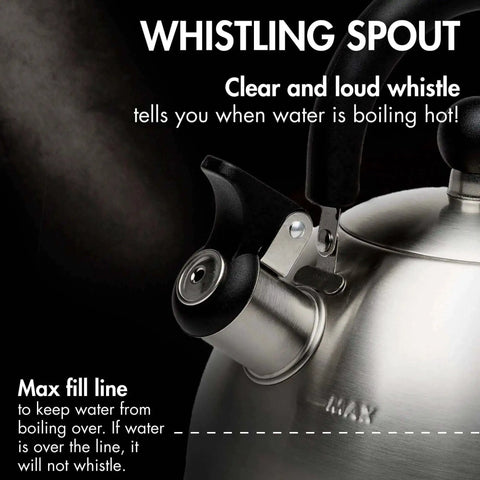 Close-up of whistling spout and max fill line on a Whistling Stovetop Tea Kettle With Food Grade Stainless Steel, 1.5 Quart Capacity.
