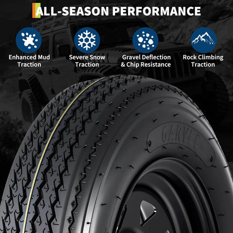 Close-up of 2 Pack Trailer Tire On Rim 4.80-12 480-12 4.80x12 Tires with black rim, showing all-season performance features.
