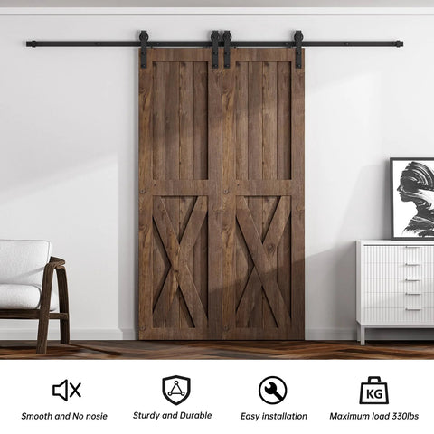 Six Foot Sliding Barn Door Hardware Kit For Double Doors With Smooth Quiet Track System Heavy Duty Carbon Steel Construction Supports Up To 330 Lbs Fits Doors From 1.18 To 1.96 Inches Thick 18 Inch Wide Doors J Shape Hangers installed in living room