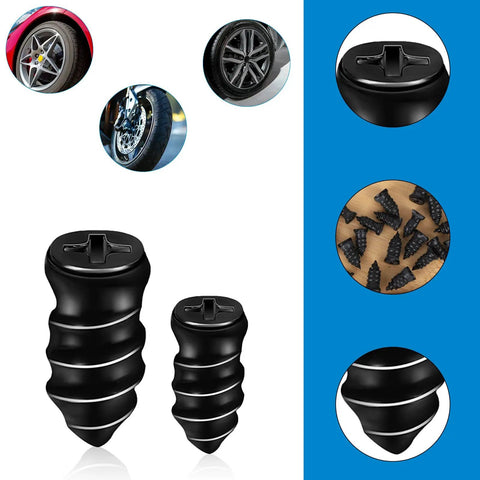 60 Pack Tire Repair Nails Rubber Plugs Self Service Kit For Auto Motorcycle Car Truck Tractor includes small and large black rubber plugs.