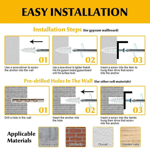 Installation steps illustration from Self Drilling Screws And Drywall Anchors Kit with applicable materials like drywall and wood shown.