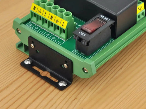 Close-up of Two Channel IoT Relay Outlet Module for Smart Home Projects with Built In 10 Amp Relays, AC 120V Control on wooden surface