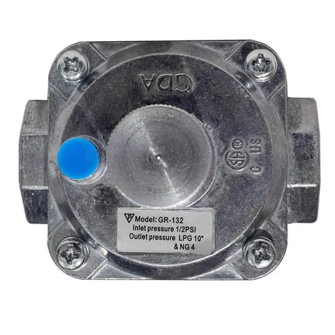 Top view of Dual Fuel Gas Regulator For Natural Gas And LPG Convertible, 1/2 Inch NPT Inlet, showing model and pressure details.