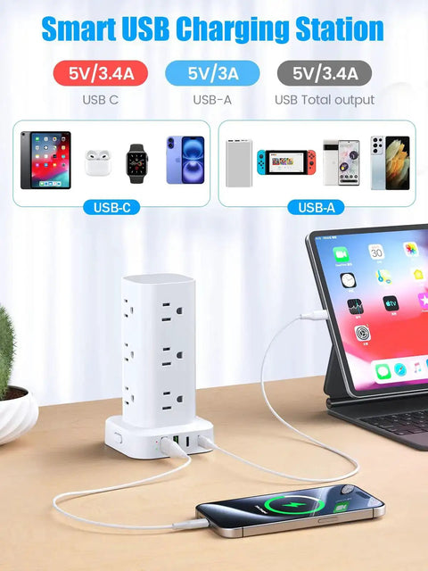 Go To All In One Power Strips With Surge Protection And USB Ports 12 AC Outlets 4 USB Ports 2 USB C 6 Ft Flat Extension Cord