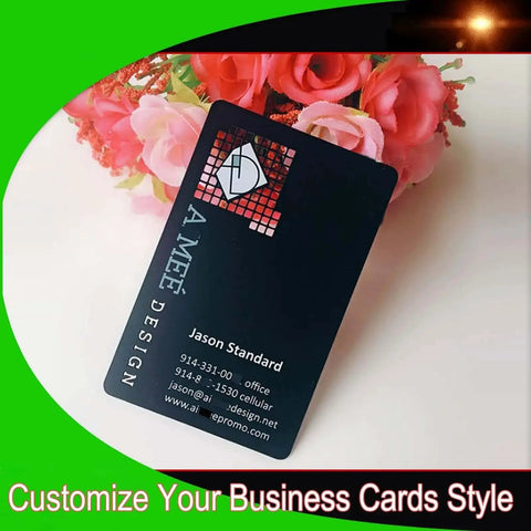Fifty Pcs Matte Black Metal Business Card Blanks For Laser Engraving displayed with pink flowers
