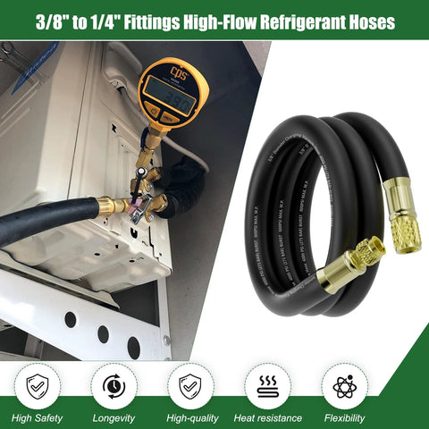 HVAC vacuum hose kit with gauge, 6 ft length, 3/8 in ID hose and 3/8–1/4 in brass fittings; gauge installed on panel.