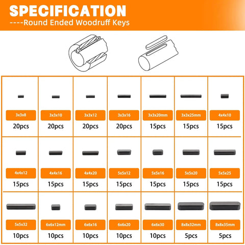 Specification sheet showing round-ended keys from Woodruff Key Assortment Kit With 530 Pieces In 37 Sizes, Metric Woodruff Keys And 240 Half Moon Keys Plus 290 Stainless Steel Round Ended Feather Keys For Fasteners, Machinery, Crankshafts, DIY Projects And Gearhead Friendly Use. Includes images and quantity of keys per size.