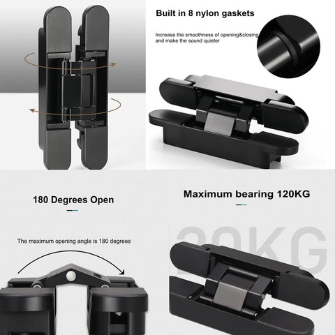 2-Pack Hidden Door Hinges For Cabinets With 180 Degree Swing, Heavy Duty 176 Lb Load Bearing, 7 Inch Invisible Zinc Alloy Design