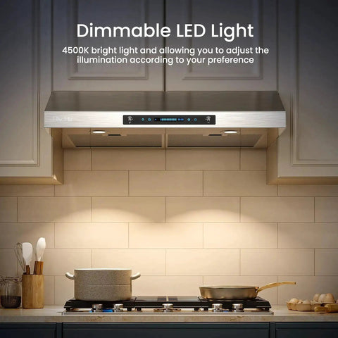 Top Notch 30 Inch Under Cabinet Range Hood With 1200 CFM Power installed above stove, showing LED lights and touch control panel