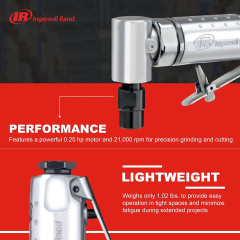 Lightweight One Quarter Inch Right Angle Air Die Grinder With Twenty One Thousand RPM, features aluminum housing and safety lock.