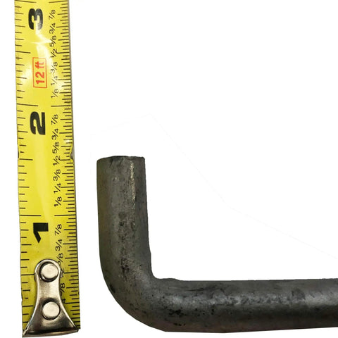 Close-up of a 10-inch galvanized anchor bolt with a yellow measuring tape, designed for concrete and cement use.