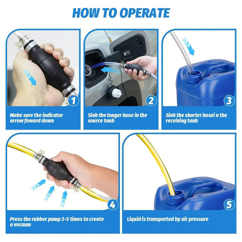 Instructions for using High Flow Portable Siphon Pump With 15mm PVC Hoses For Gasoline And Diesel with blue containers