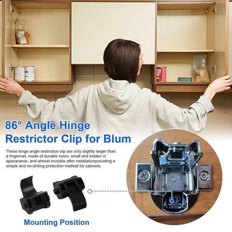 Woman installing Premium 50 Pack Cabinet Hinge Restrictor Clips For Blumotion Compact Hinges 86 Degree Opening Soft Close