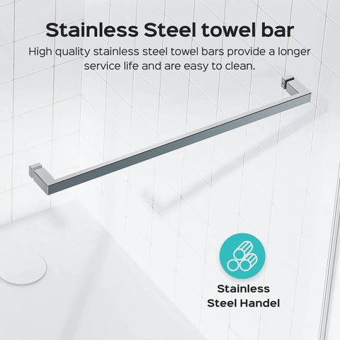Stainless steel towel bar on shower wall, part of Frameless Double Sliding Shower Door With Adjustable Width To 56 To 60 Or 68 To 72 Inch Openings.