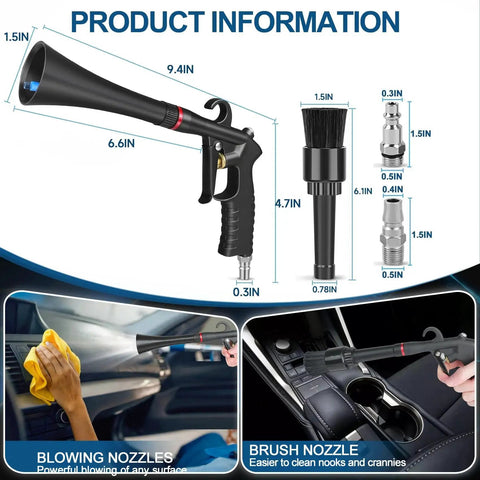 Tornado Car Cleaning Gun With Aluminum Alloy Bearing Nozzle And Two Attachments Plus Detail Brush, showing dimensions and usage in cars