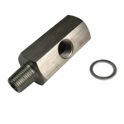 Stainless steel oil pressure sensor tee adapter, 1/4 NPT female to male with 1/8 NPT side port (1x gasket)