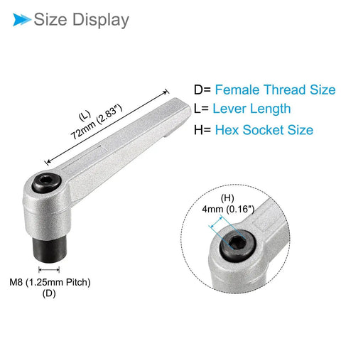 Clamping Lever Handles With M8 Female Thread 72mm Lever Length 4mm Hex Socket Adjustable Quick Release Locking Rotating Knobs Silver Tone