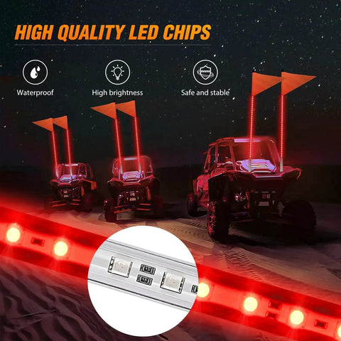 3 Foot LED Whip Light With Aluminum Base Red Color Safety Warning Pole Antenna for off-road UTV at night