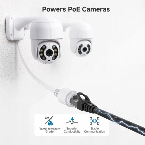 Snagless Cat 6 Ethernet Cable 25ft For 10Gbps High Speed Networking Black connecting to PoE security cameras on wall