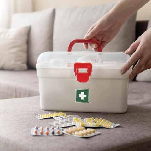 Go To First Aid Box Organizer Kit With Transparent Lockable Lid And Detachable Tray For Easy Access During Family Emergencies White Set Of 2 Milton Great For Home Office And Travel Use showing white box on table with pills nearby