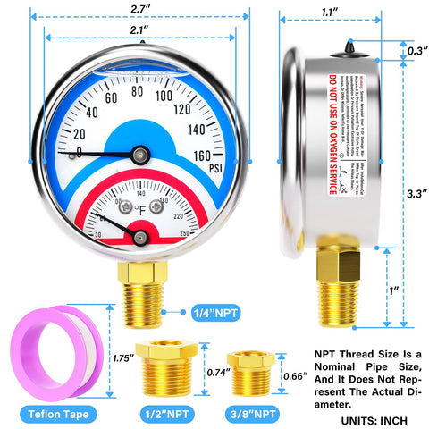 MEANLIN stainless steel liquid-filled pressure gauge, 0-160 psi, 2.5 in dial, 1/4 in NPT, lower mount