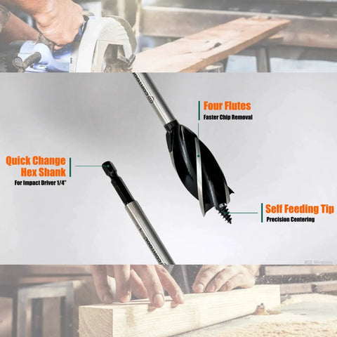 Close-up of Auger Drill Bit Set For Wood 1/2 Inch 5/8 Inch 3/4 Inch And 1 Inch 6.5 Inch Long Quick Change Hex Shank promoted features.