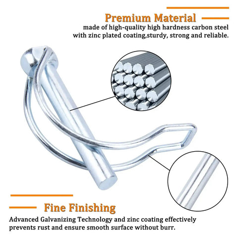 Close-up view of a carbon steel R clip from a 200 Piece Heavy Duty Pin Assortment Kit for Trailers, Tractors, Trucks, Mowers.