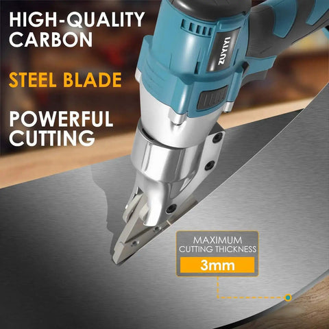Close-up of Cordless Metal Shear Cutter For Makita 18V Batteries cutting steel, showing 3mm thickness capability, brushless motor.