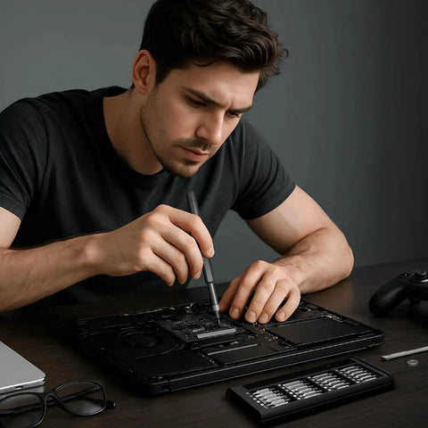 Man using 60 In 1 Magnetic Precision Screwdriver Set with Torx bits for laptop repair